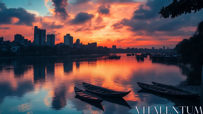 Sunset river skyline glows as wooden boats rest in still water