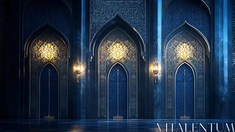 Ornate blue arches with gold lanterns in symmetrical hall.