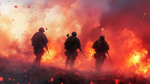 Three Soldiers in Intense Battlefield Environment with Explosions