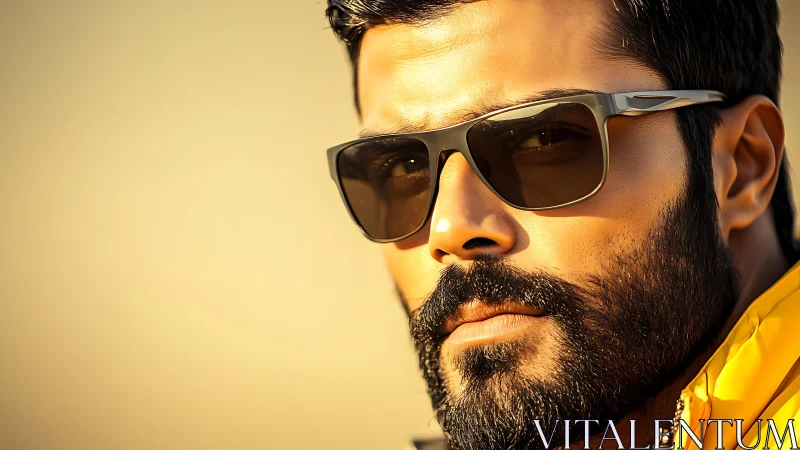 Close-up bearded man in sunglasses against warm backdrop.