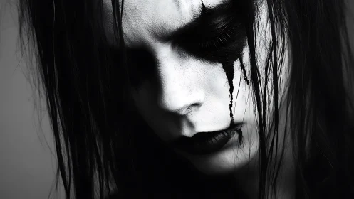 Gothic portrait captures sorrowful face in smeared black makeup