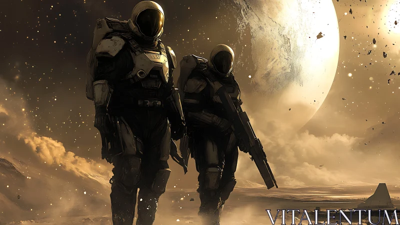 Armored astronauts traverse dusty exoplanet under fractured moon