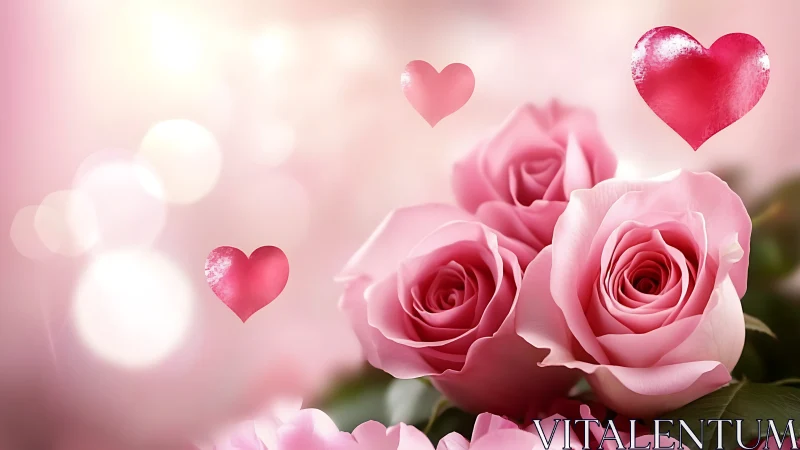 Soft-focus composite botanical arrangement featuring pink rose specimens with embedded heart shape g