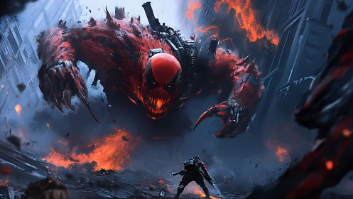 Armored soldier confronts colossal molten symbiote in ruined city