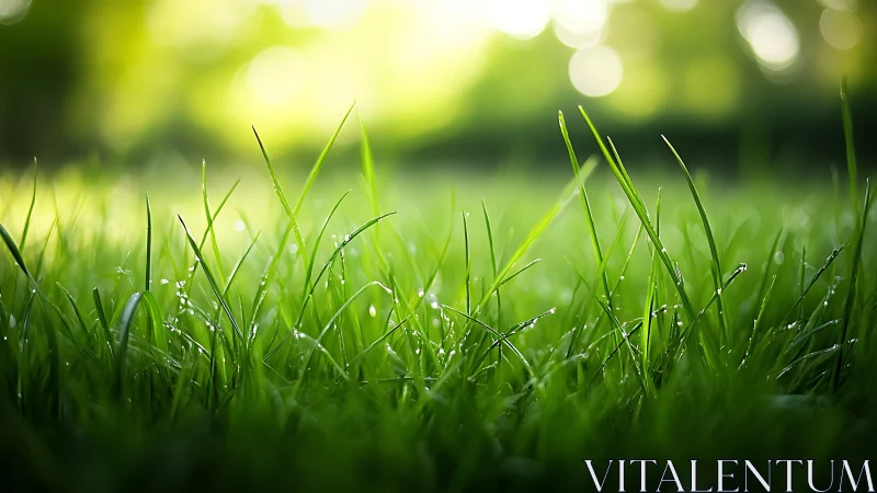 Close-up view records dew-covered grass blades in soft focus