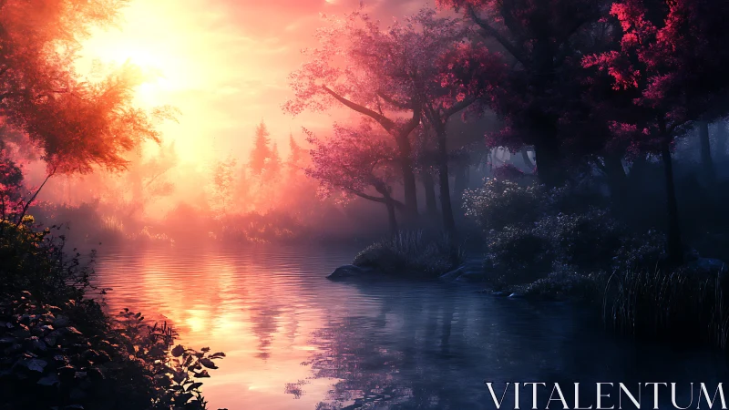 Luminous forest lake glows beneath a dreamy sunrise haze