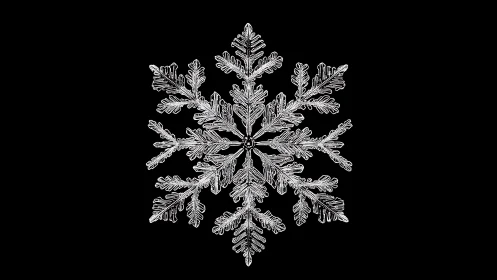 Intricate snowflake crystal isolated on deep black background.