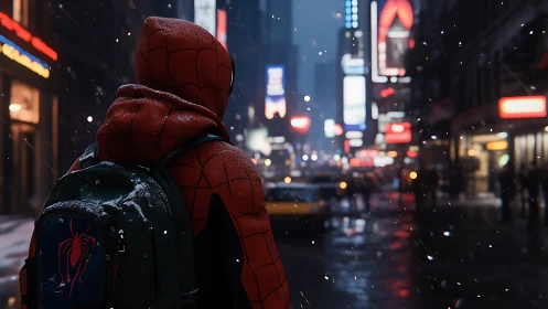 Hooded costumed figure on wet city street at nightfall.