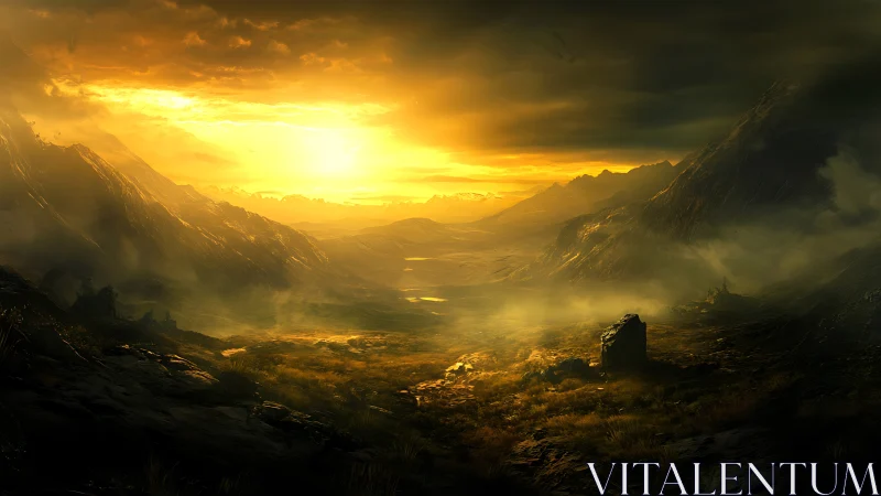 Volumetric-lit mountain valley rendered in high-contrast golden haze