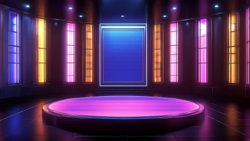 Neon studio stage glows with vibrant gradient panels.