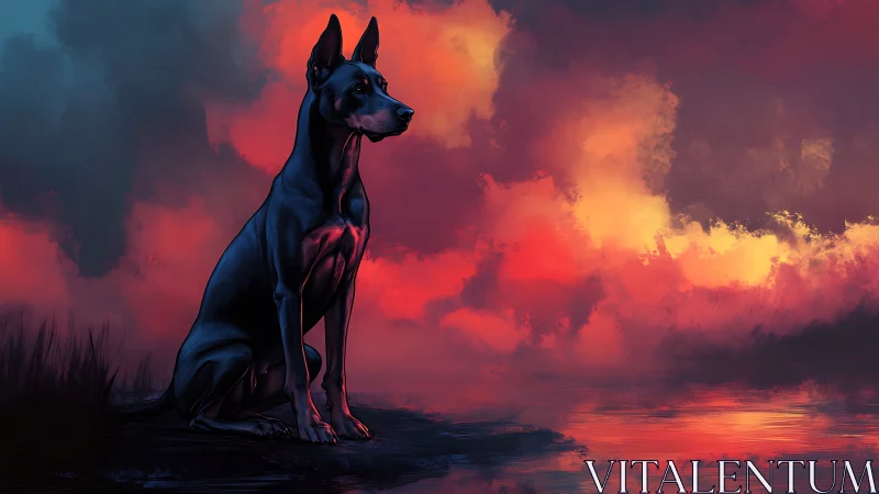 Doberman silhouette watching neon sunset over water.