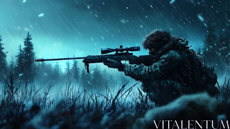 Tactical sniper operative positioned in heavy precipitation during surveillance
