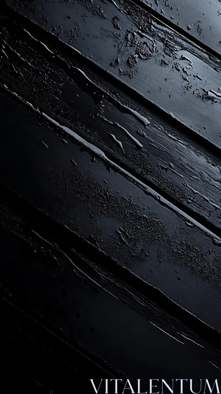 Moody black wooden planks glistening with soft water trails.