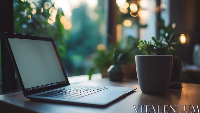 Laptop on wooden desk in shallow depth-of-field ambient light scene