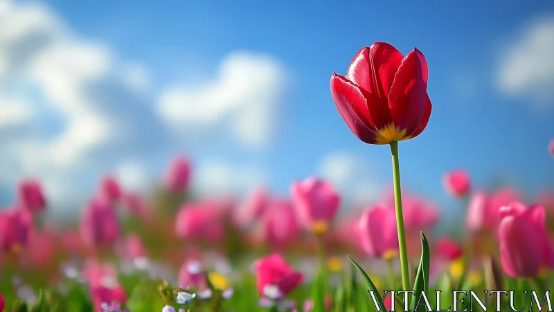 One bold red tulip daydreams above a rosy spring chorus