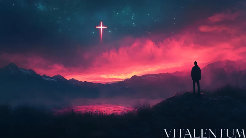 Silhouetted figure observing luminous cross over lake