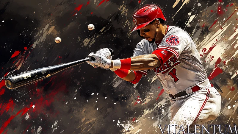 Baseball batter swinging bat with abstract splatter backdrop.