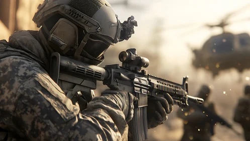 Soldier in tactical gear aims rifle in a dusty urban zone