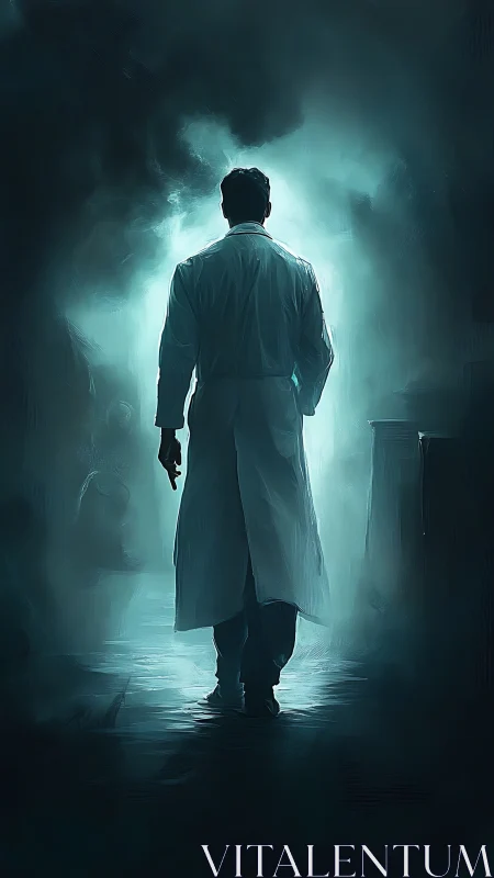 Backlit medical figure in atmospheric teal corridor composition.