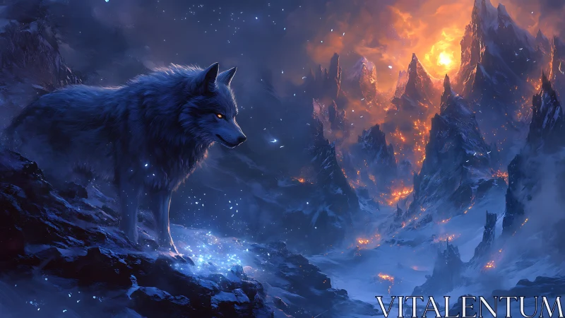 Fantasy digital painting of ice wolf against volcanic peaks.