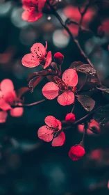 Pink Blossoms with Dew Drops Glowing in Dark Garden