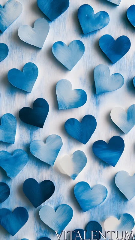 Blue and white hearts scattered across weathered white wooden surface