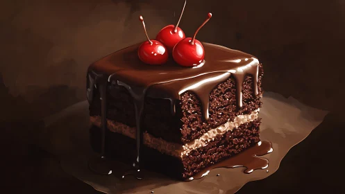 Digitally Rendered Chocolate Layer Cake with Glossy Ganache Drip and Maraschino Garnish