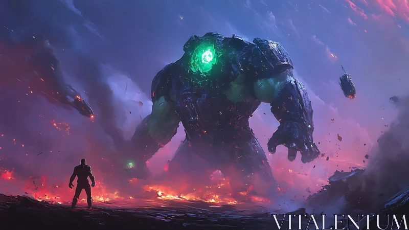 Colossal glowing titan confronts lone warrior in stormfire.