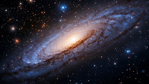 Spiral galaxy arcs through deep space with luminous starfield