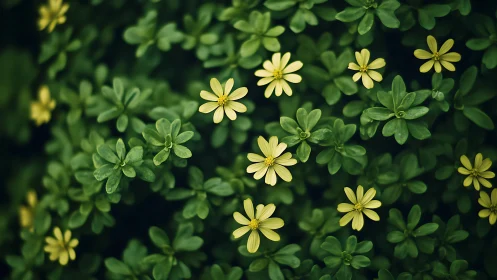 Yellow Wildflowers in Verdant Garden Setting.
