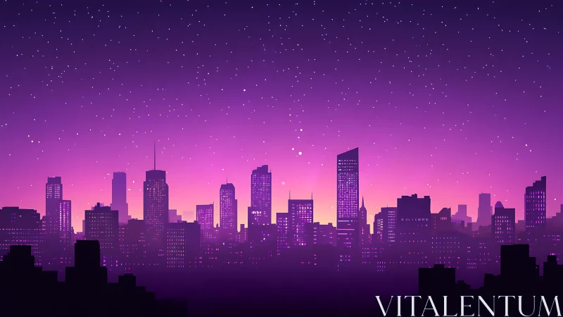 Neon dusk skyline under star-filled violet gradient sky.