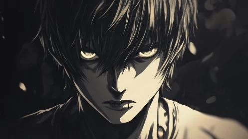 Brooding anime antihero with intense glowing eyes portrait.