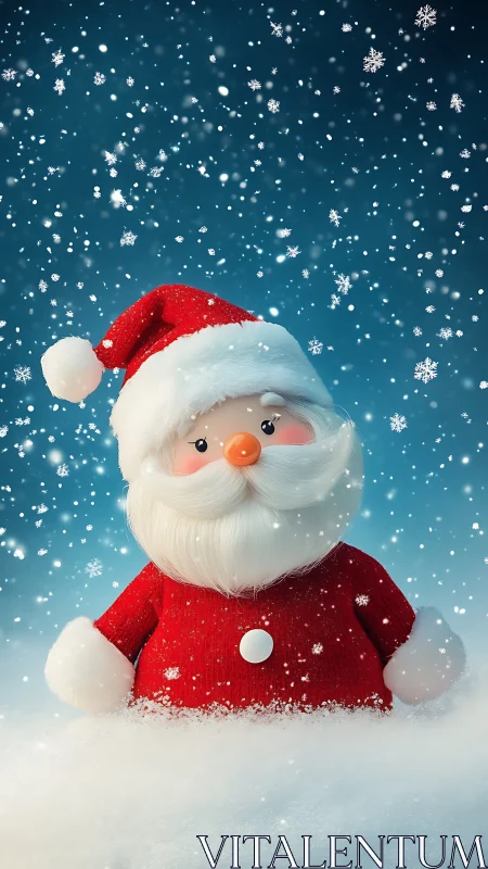 Jolly winter Santa smiling softly amid falling snowflakes.