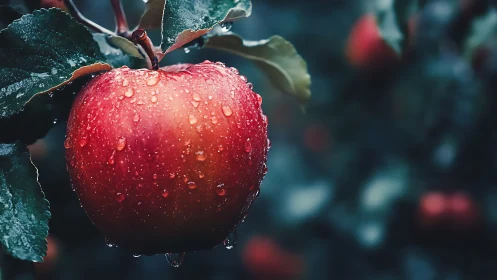 Rain-kissed orchard jewel, glowing crimson against dusk greens.