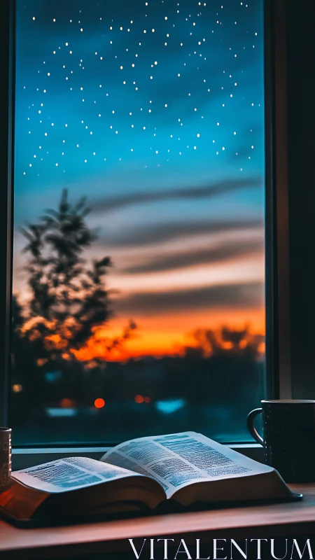 Gentle evening reading unfolds beneath a glowing starry sky