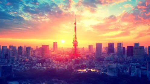 Tokyo tower skyline under hyper-saturated neon sunset glow.