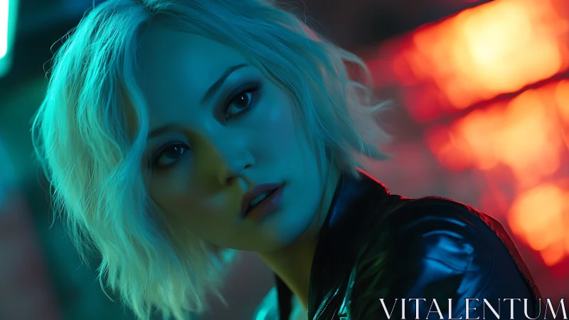 Neon side-lit portrait uses teal–orange contrast and shallow depth