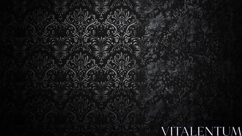 Baroque damask wallpaper with distressed gradient patina.