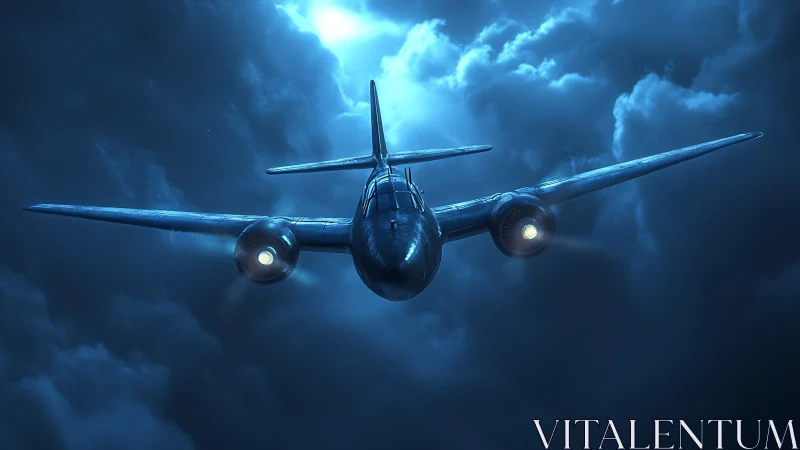 Moonlit twin engine aircraft glides bravely through storm clouds