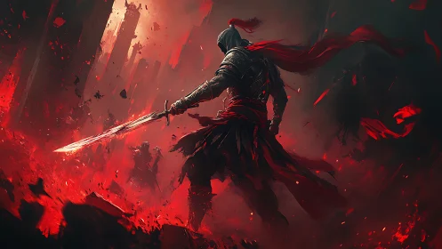 Scarlet war phantom strides through embers of a ruined world.