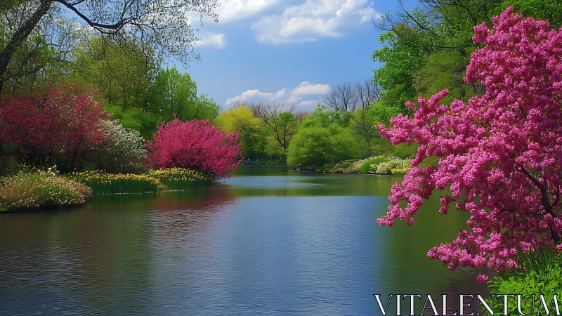 Spring blossoms glow beside a tranquil blue lakeside