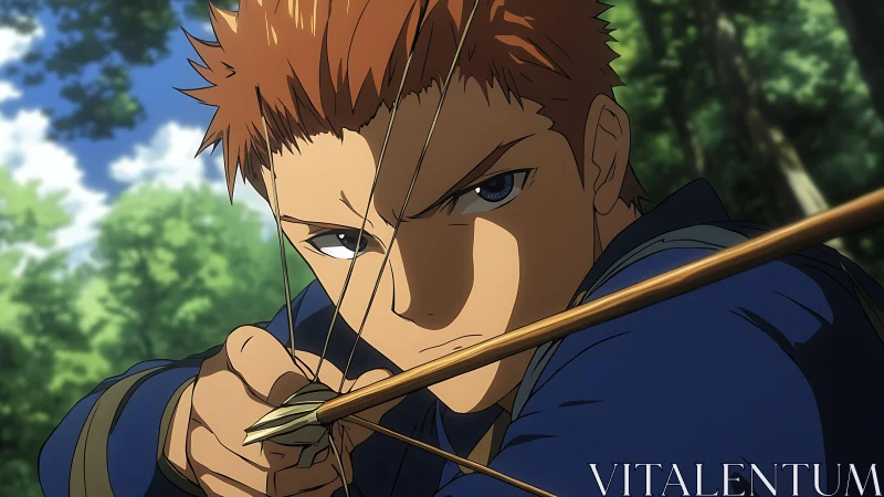 Focused anime archer drawing recurve bow under dappled forest light