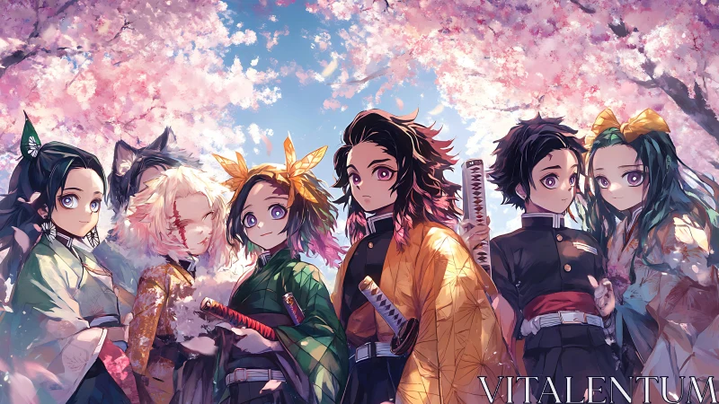Group of anime swordsmen under blooming cherry blossoms.