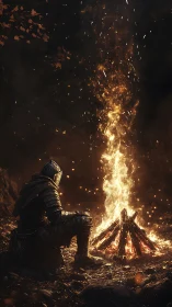 Armored Knight Contemplates Roaring Inferno in Darkness.