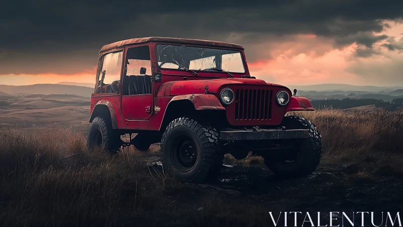 Photorealistic red off-road jeep in cinematic storm light.