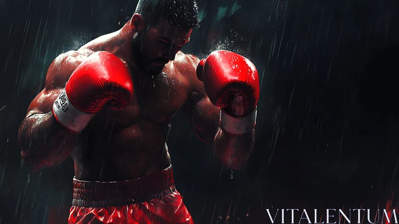 Bareknuckle boxer in dynamic rain combat stance with crimson gloves