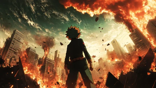 Young hero stands firm amid a burning, collapsing city.