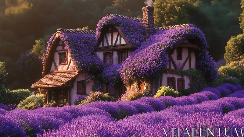 Lavender-covered cottage nestles in golden evening light