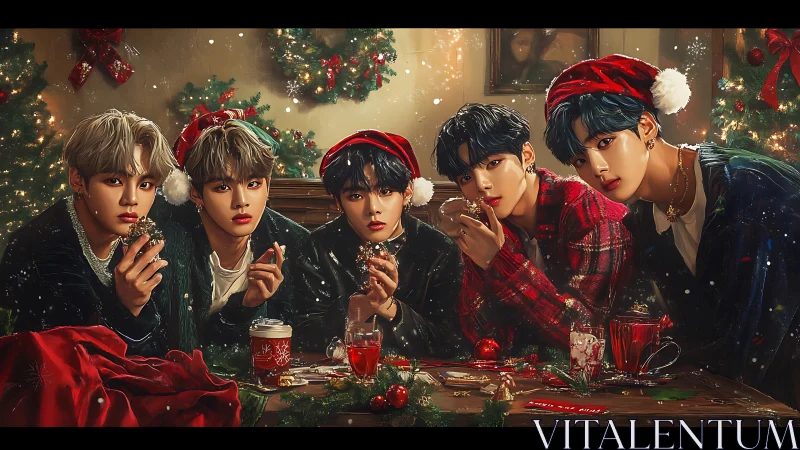 Five young men at cozy Christmas holiday table scene.