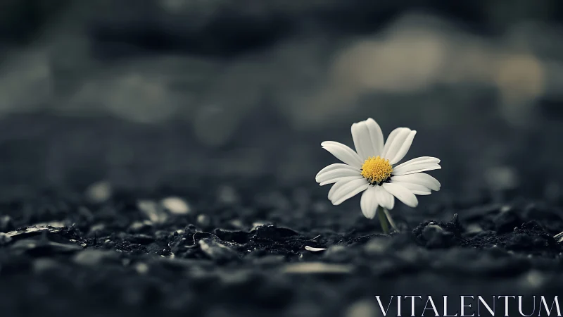 Single daisy in shallow depth of field on dark textured ground